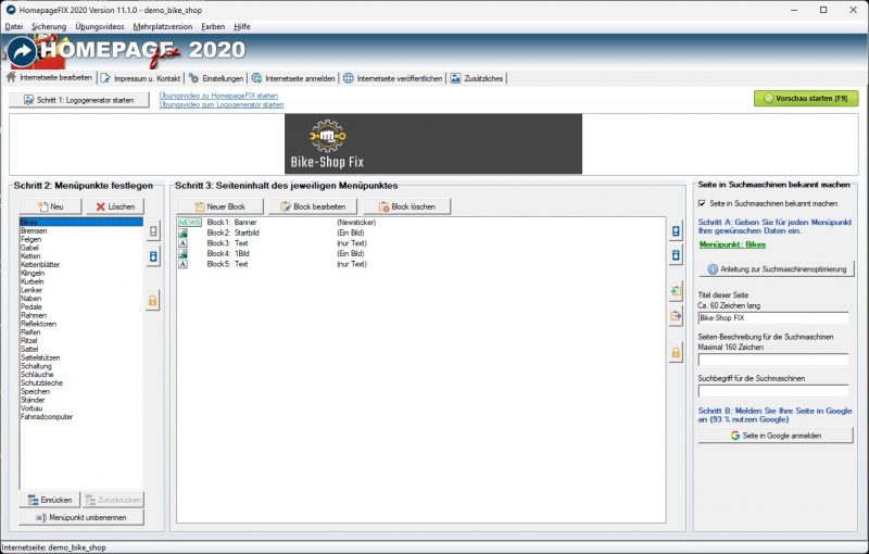 Homepage Software Editor Vorschau und Seitenstruktur
