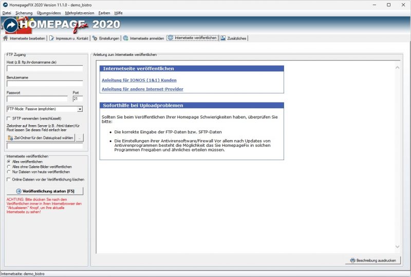 Homepage Software FTP Upload und automatische Backups mit Restore