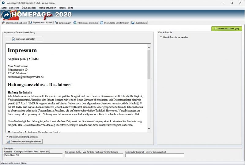 Homepage Software Impressum Datenschutzerklärung Cookie Hinweis integrieren