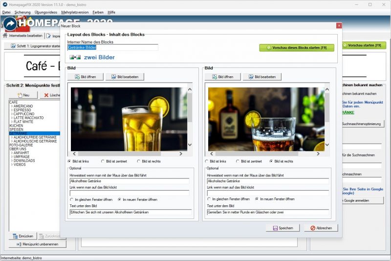 Homepage Software Inhalte mit Fotogalerie und YouTube Video einbinden