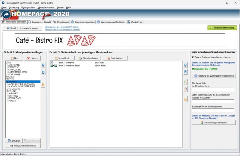 Homepage Software Menü-Editor für mehrstufige Navigation